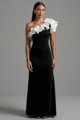 Schwarze und Weiß Ein Schulter Rüschig Lang Abendkleid
