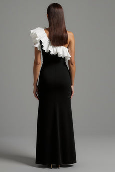 Schwarze und Weiß Ein Schulter Rüschig Lang Abendkleid