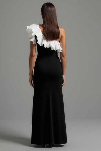 Schwarze und Weiß Ein Schulter Rüschig Lang Abendkleid
