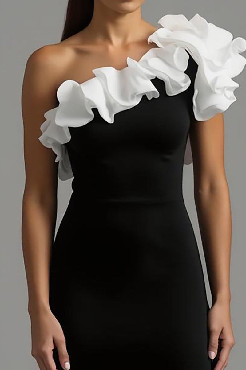 Laden Sie das Bild in den Galerie-Viewer, Schwarze und Weiß Ein Schulter Rüschig Lang Abendkleid