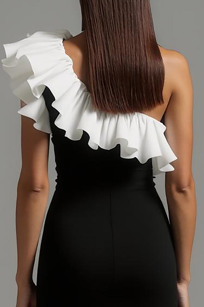 Laden Sie das Bild in den Galerie-Viewer, Schwarze und Weiß Ein Schulter Rüschig Lang Abendkleid