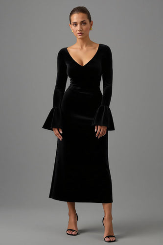 Schwarze Etuikleid Samt V Ausschnitt Lang Abendkleid mit Ärmeln