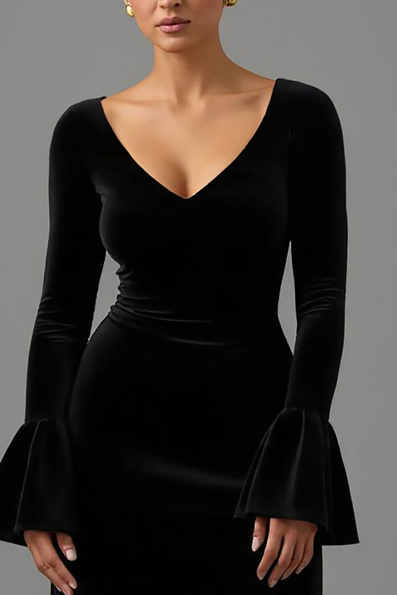 Laden Sie das Bild in den Galerie-Viewer, Schwarze Etuikleid Samt V Ausschnitt Lang Abendkleid mit Ärmeln
