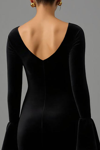 Schwarze Etuikleid Samt V Ausschnitt Lang Abendkleid mit Ärmeln
