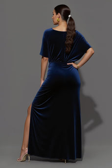 Marine Etuikleid Samt Lang Gerafft Abendkleid mit Schlitz