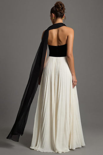 Schwarze und Weiß Chiffon A Linie Herzausschnitt Plissiert Lang Abendkleid