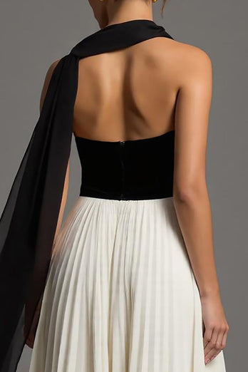Schwarze und Weiß Chiffon A Linie Herzausschnitt Plissiert Lang Abendkleid