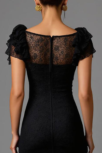 Schwarze Etuikleid Spitze Bootsausschnitt Lang Abendkleid mit Rüschen