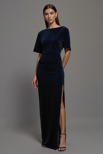 Marine Samt Etuikleid Bateau Ausschnitt Lang Abendkleid mit Schlitz