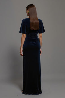 Marine Samt Etuikleid Bateau Ausschnitt Lang Abendkleid mit Schlitz