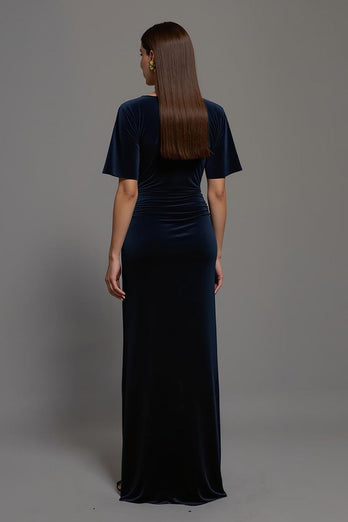 Marine Samt Etuikleid Bateau Ausschnitt Lang Abendkleid mit Schlitz
