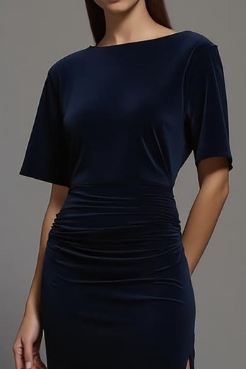 Marine Samt Etuikleid Bateau Ausschnitt Lang Abendkleid mit Schlitz