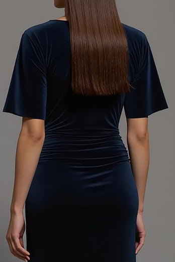 Marine Samt Etuikleid Bateau Ausschnitt Lang Abendkleid mit Schlitz