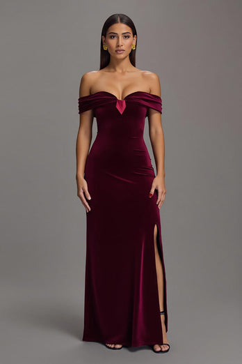Bordeaux Samt Etuikleid Schulterfrei Lang Abendkleid mit Schlitz