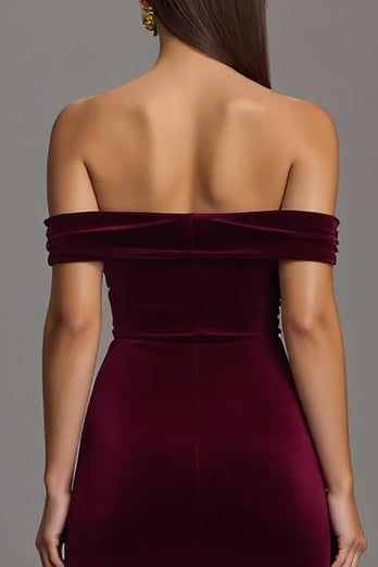 Bordeaux Samt Etuikleid Schulterfrei Lang Abendkleid mit Schlitz