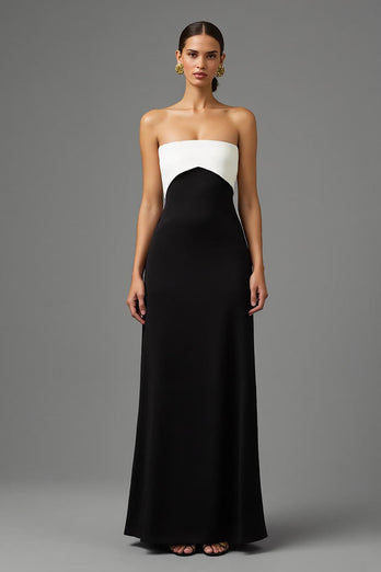 Einfach Schwarz und Weiß Trägerlos Lang Abendkleid mit Schleife