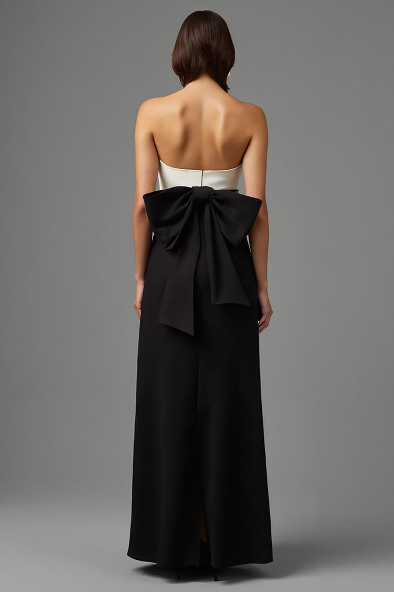 Laden Sie das Bild in den Galerie-Viewer, Einfach Schwarz und Weiß Trägerlos Lang Abendkleid mit Schleife