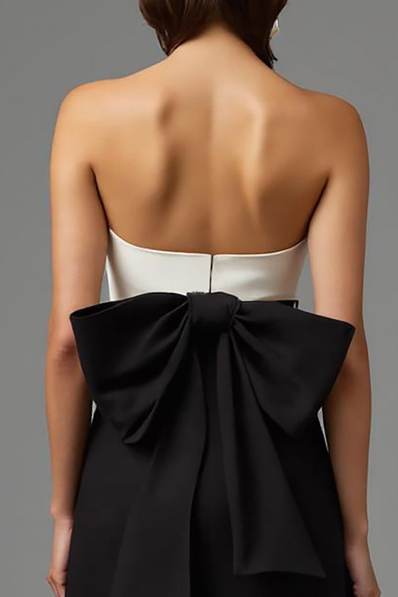 Laden Sie das Bild in den Galerie-Viewer, Einfach Schwarz und Weiß Trägerlos Lang Abendkleid mit Schleife