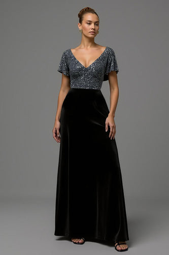Glitzernd Schwarz und Grau A Linie Samt V Ausschnitt Lang Abendkleid