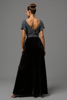 Glitzernd Schwarz und Grau A Linie Samt V Ausschnitt Lang Abendkleid