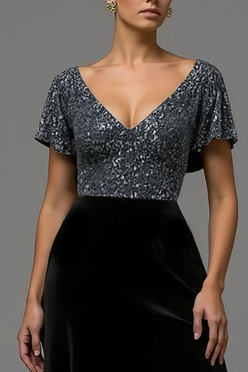 Glitzernd Schwarz und Grau A Linie Samt V Ausschnitt Lang Abendkleid