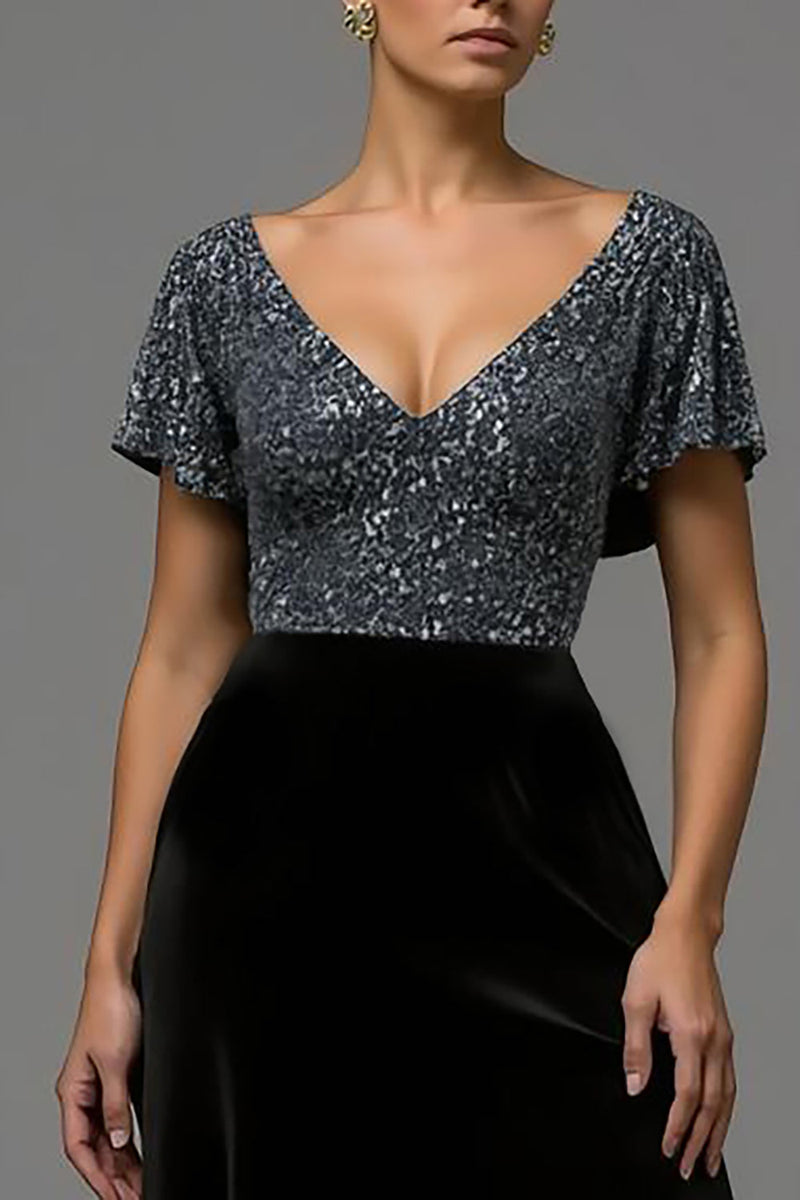 Laden Sie das Bild in den Galerie-Viewer, Glitzernd Schwarz und Grau A Linie Samt V Ausschnitt Lang Abendkleid
