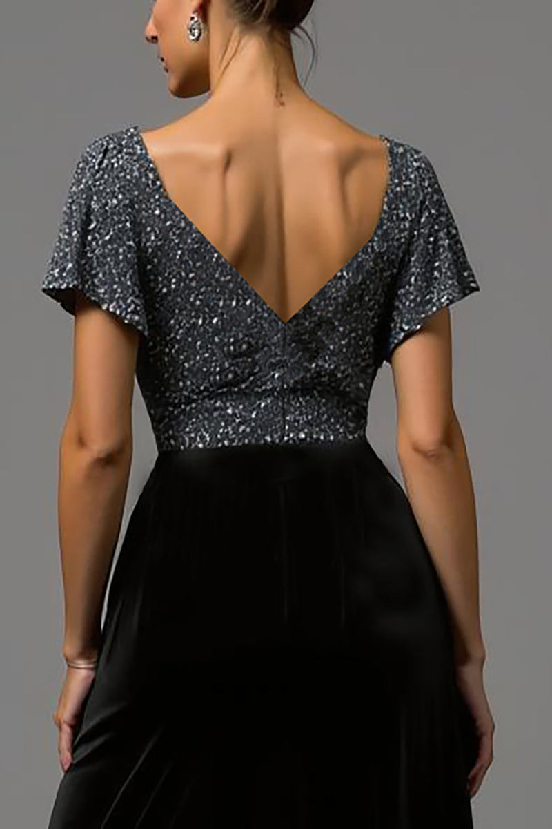 Laden Sie das Bild in den Galerie-Viewer, Glitzernd Schwarz und Grau A Linie Samt V Ausschnitt Lang Abendkleid