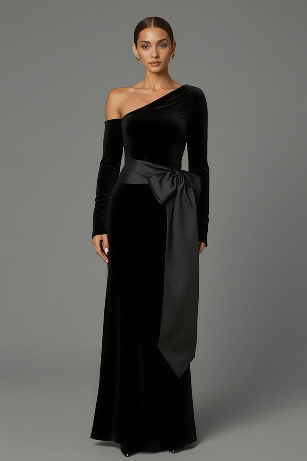 Schwarz Samt Ein Schulter Langarm Abendkleid mit Schleife
