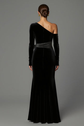 Schwarz Samt Ein Schulter Langarm Abendkleid mit Schleife