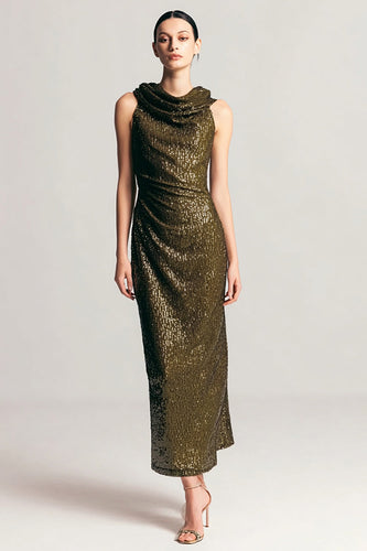 Glitzernd Oliv Etuikleid Wasserfallausschnitt Pailletten Lang Abendkleid