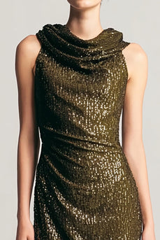 Glitzernd Oliv Etuikleid Wasserfallausschnitt Pailletten Lang Abendkleid