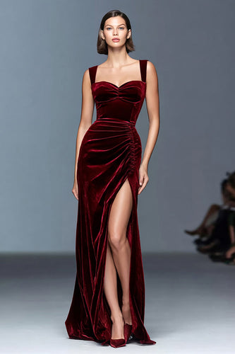Bordeaux Gerafft Samt Lang Abendkleid mit Schlitz