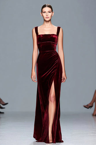 Bordeaux Samt Quadratischer Ausschnitt Lang Abendkleid mit Schlitz