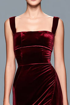 Bordeaux Samt Quadratischer Ausschnitt Lang Abendkleid mit Schlitz
