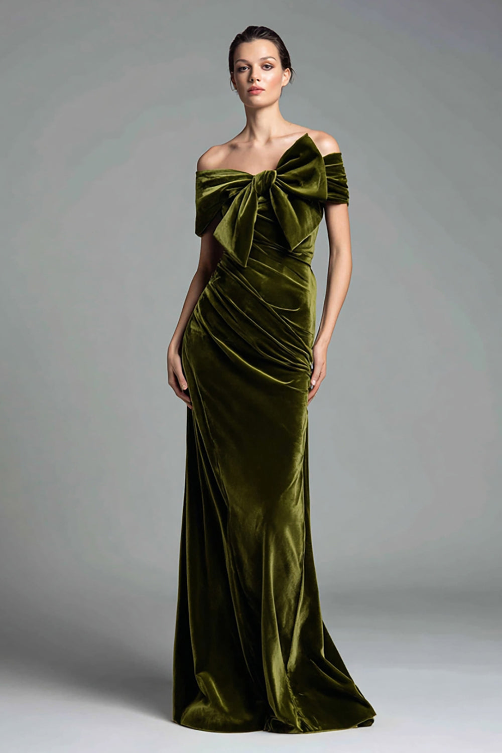 Oliv Samt Etuikleid Gerafft Lang Abendkleid mit Schleife