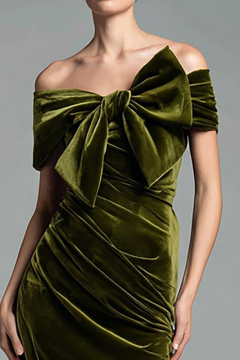 Oliv Samt Etuikleid Gerafft Lang Abendkleid mit Schleife