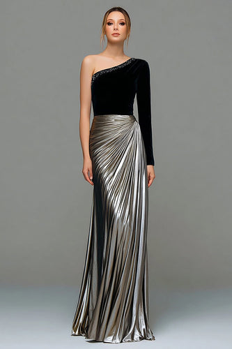 Glitzernd Schwarz und Grau Ein Schulter Metallisch Lang Abendkleid
