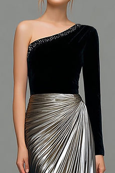 Glitzernd Schwarz und Grau Ein Schulter Metallisch Lang Abendkleid