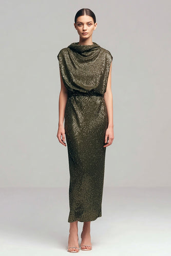 Glitzernd Oliv Etuikleid Wasserfallausschnitt Pailletten Lang Abendkleid