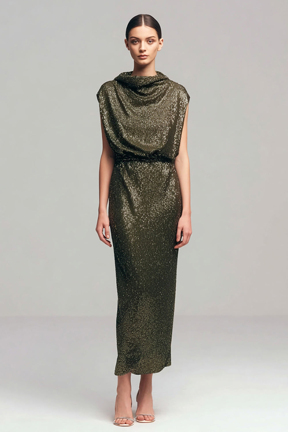 Glitzernd Oliv Etuikleid Wasserfallausschnitt Pailletten Lang Abendkleid