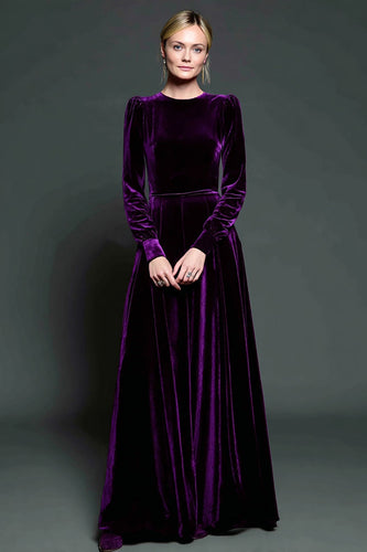 Einfach Dunkellila A Linie Samt Lang Abendkleid mit Ärmeln