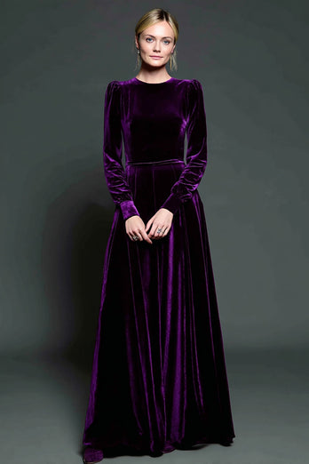 Einfach Dunkellila A Linie Samt Lang Abendkleid mit Ärmeln