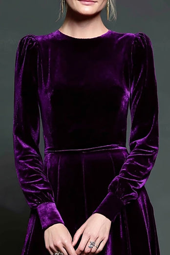 Einfach Dunkellila A Linie Samt Lang Abendkleid mit Ärmeln