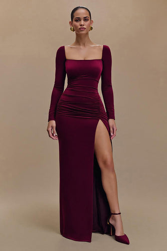 Bordeaux Satin Quadratischer Ausschnitt Langarm Formelles Kleid mit Schlitz