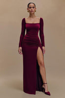 Laden Sie das Bild in den Galerie-Viewer, Burgunderrot Samt Quadrat-Ausschnitt Langarm Feiertagsparty Kleid mit Schlitz