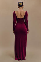 Laden Sie das Bild in den Galerie-Viewer, Burgunderrot Samt Quadrat-Ausschnitt Langarm Feiertagsparty Kleid mit Schlitz