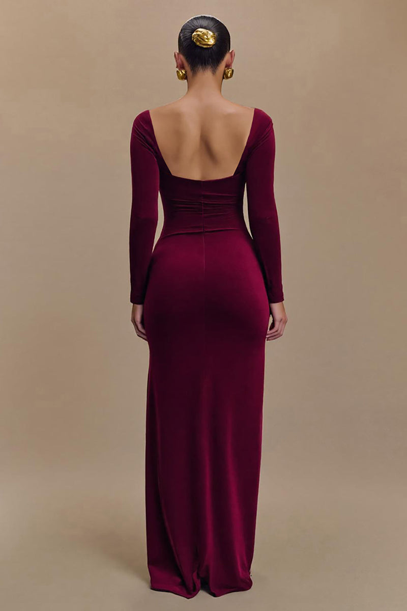 Laden Sie das Bild in den Galerie-Viewer, Burgunderrot Samt Quadrat-Ausschnitt Langarm Feiertagsparty Kleid mit Schlitz