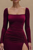 Laden Sie das Bild in den Galerie-Viewer, Bordeaux Satin Quadratischer Ausschnitt Langarm Formelles Kleid mit Schlitz