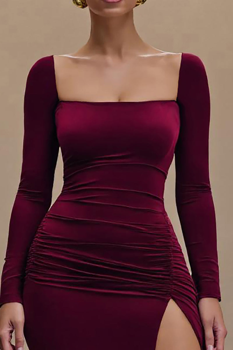 Laden Sie das Bild in den Galerie-Viewer, Bordeaux Satin Quadratischer Ausschnitt Langarm Formelles Kleid mit Schlitz
