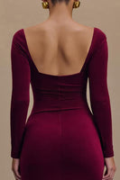 Laden Sie das Bild in den Galerie-Viewer, Burgunderrot Samt Quadrat-Ausschnitt Langarm Feiertagsparty Kleid mit Schlitz